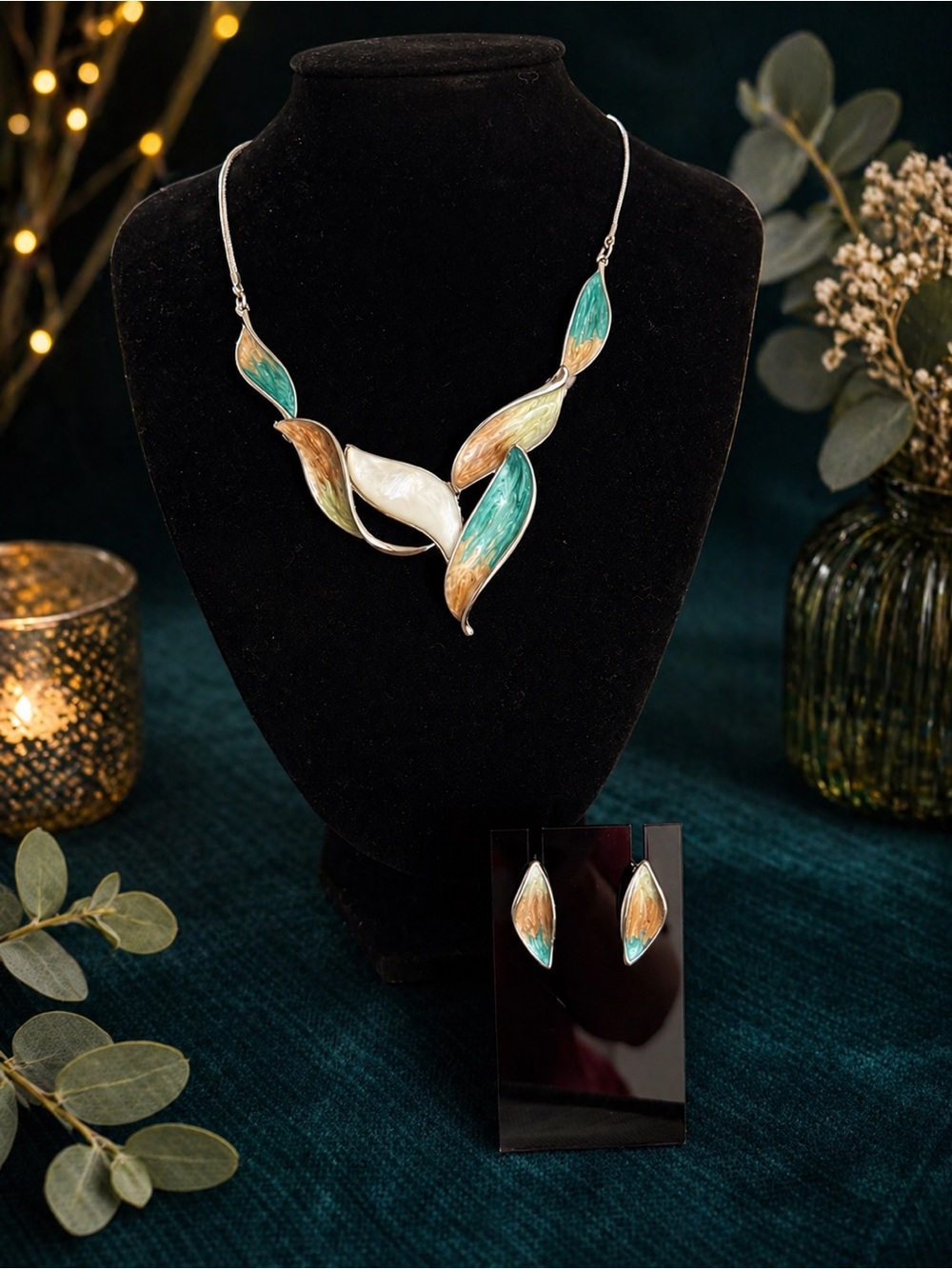 Elegant Leaf Pastel Necklace and Earring Set in Teal, Brown and White